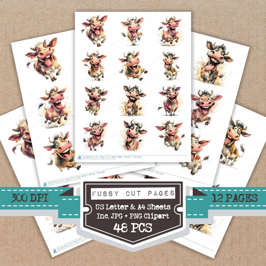 Playful Cow Character fussy cut printable sheets for junk journaling, scrapbooking, and paper craft projects