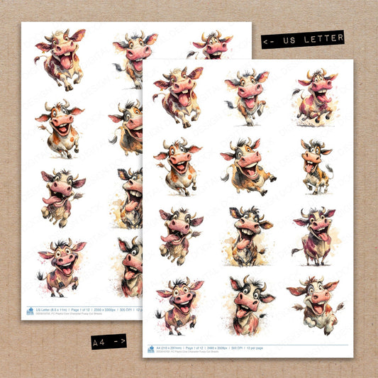 A4 and US Letter format comparison showing Playful Cow Character fussy cut pages for print and cut crafting