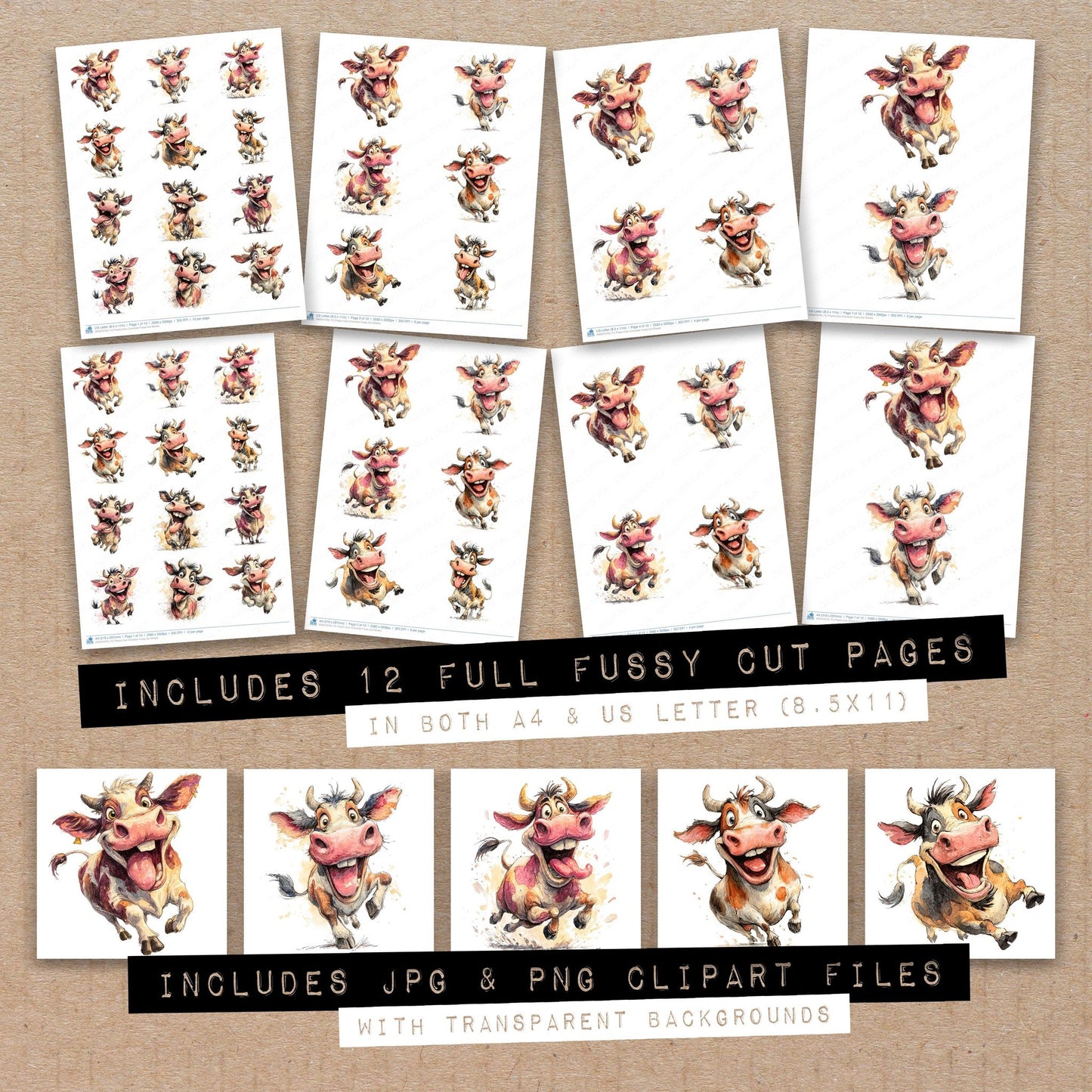 Full collection view of Playful Cow Character fussy cut sheets with bonus clipart JPG and PNG files