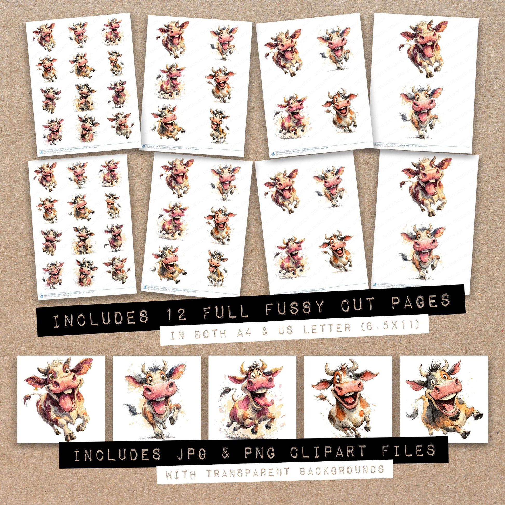 Full collection view of Playful Cow Character fussy cut sheets with bonus clipart JPG and PNG files