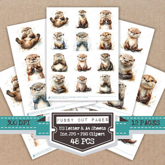 Playful Otter fussy cut printable sheets for junk journaling, scrapbooking, and paper craft projects