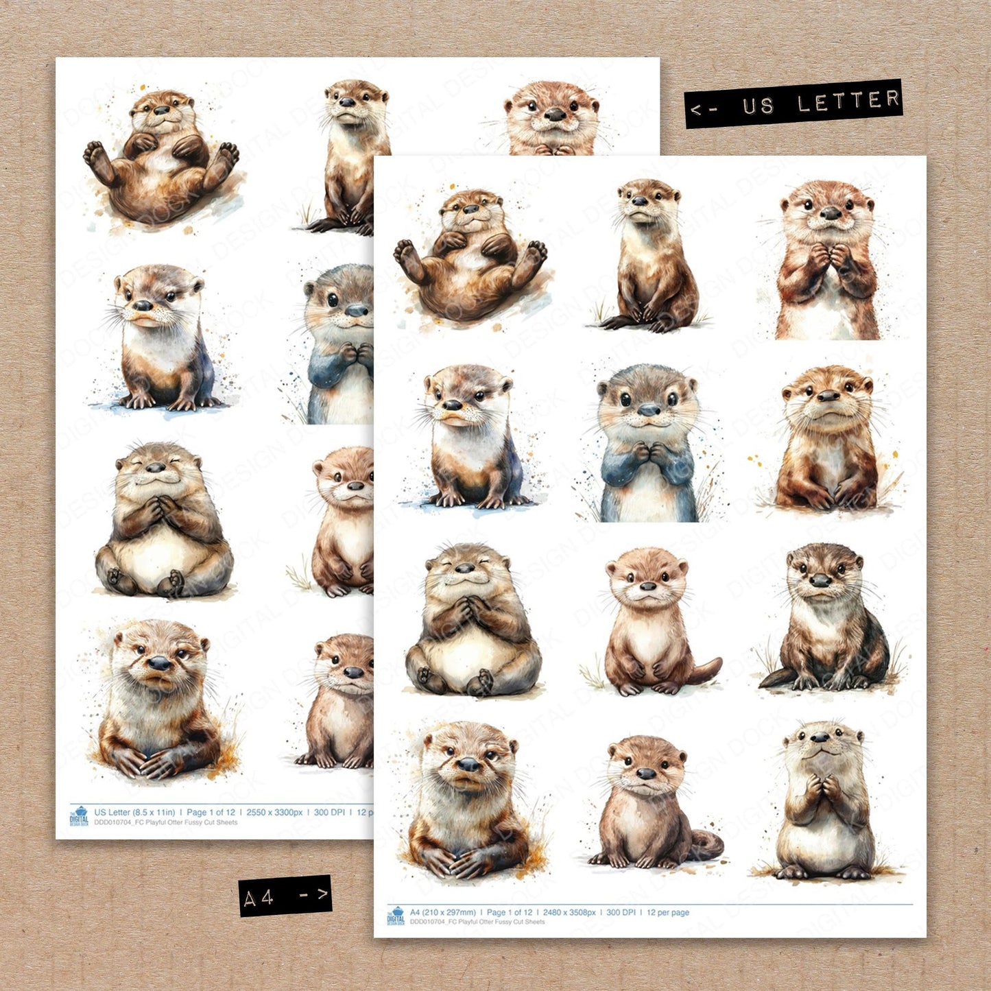 A4 and US Letter format comparison showing Playful Otter fussy cut pages for print and cut crafting
