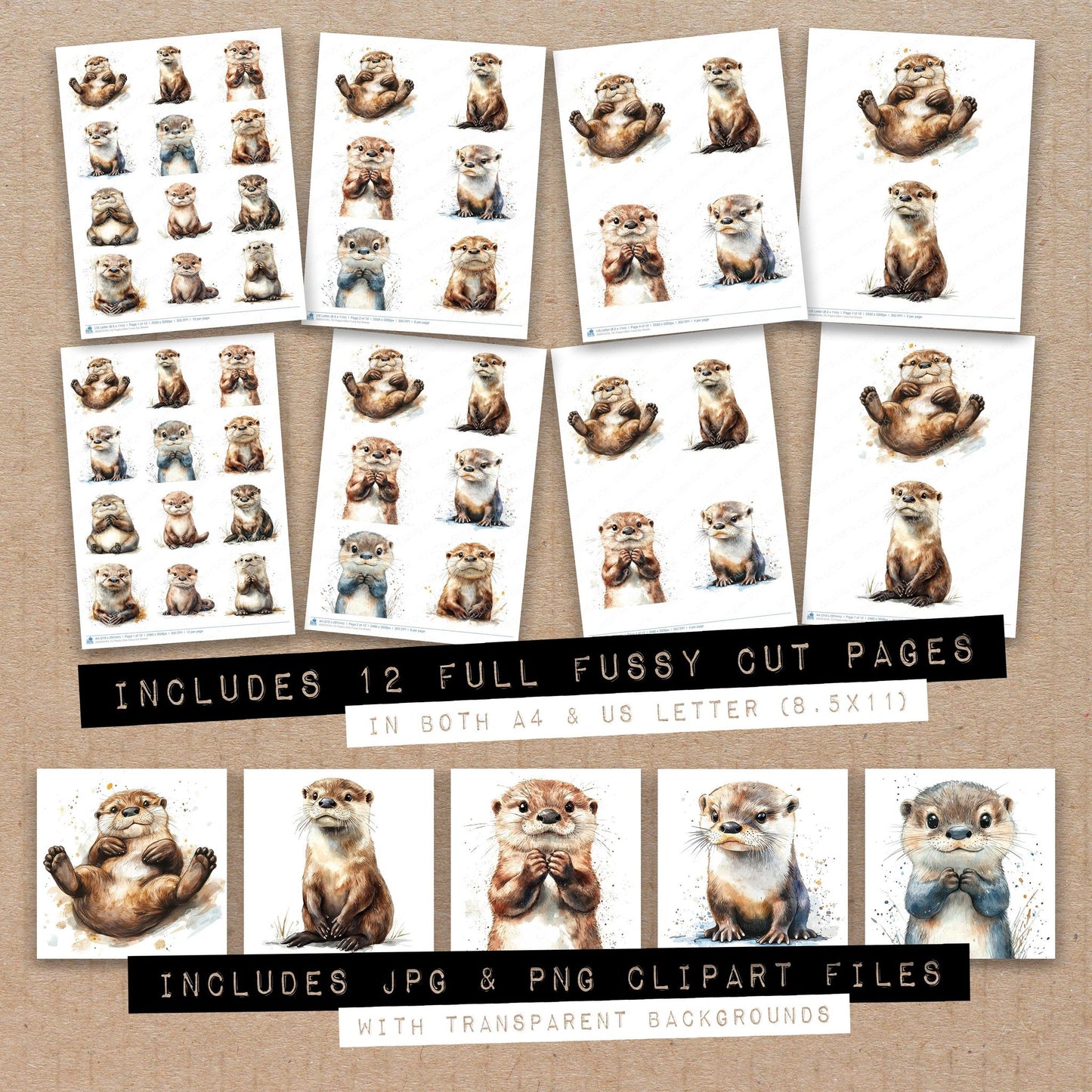 Full collection view of Playful Otter fussy cut sheets with bonus clipart JPG and PNG files