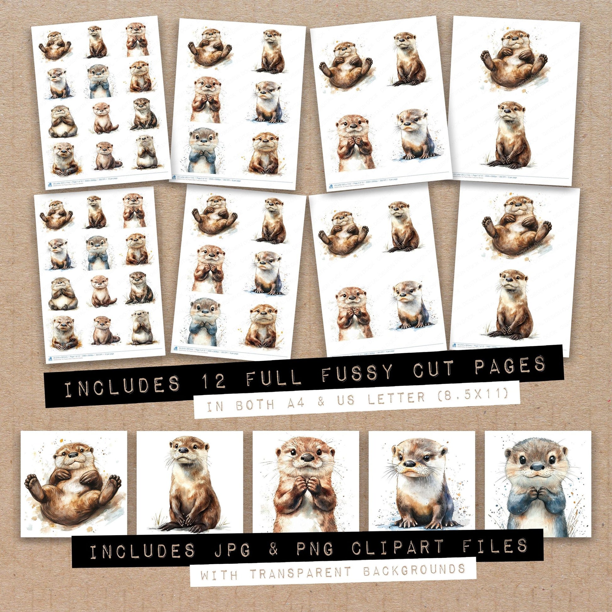 Full collection view of Playful Otter fussy cut sheets with bonus clipart JPG and PNG files