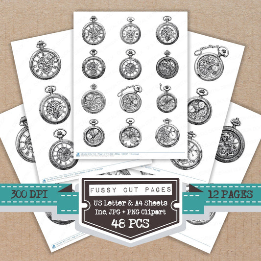 Pocket Watch Drawing fussy cut printable sheets for junk journaling, scrapbooking, and paper craft projects