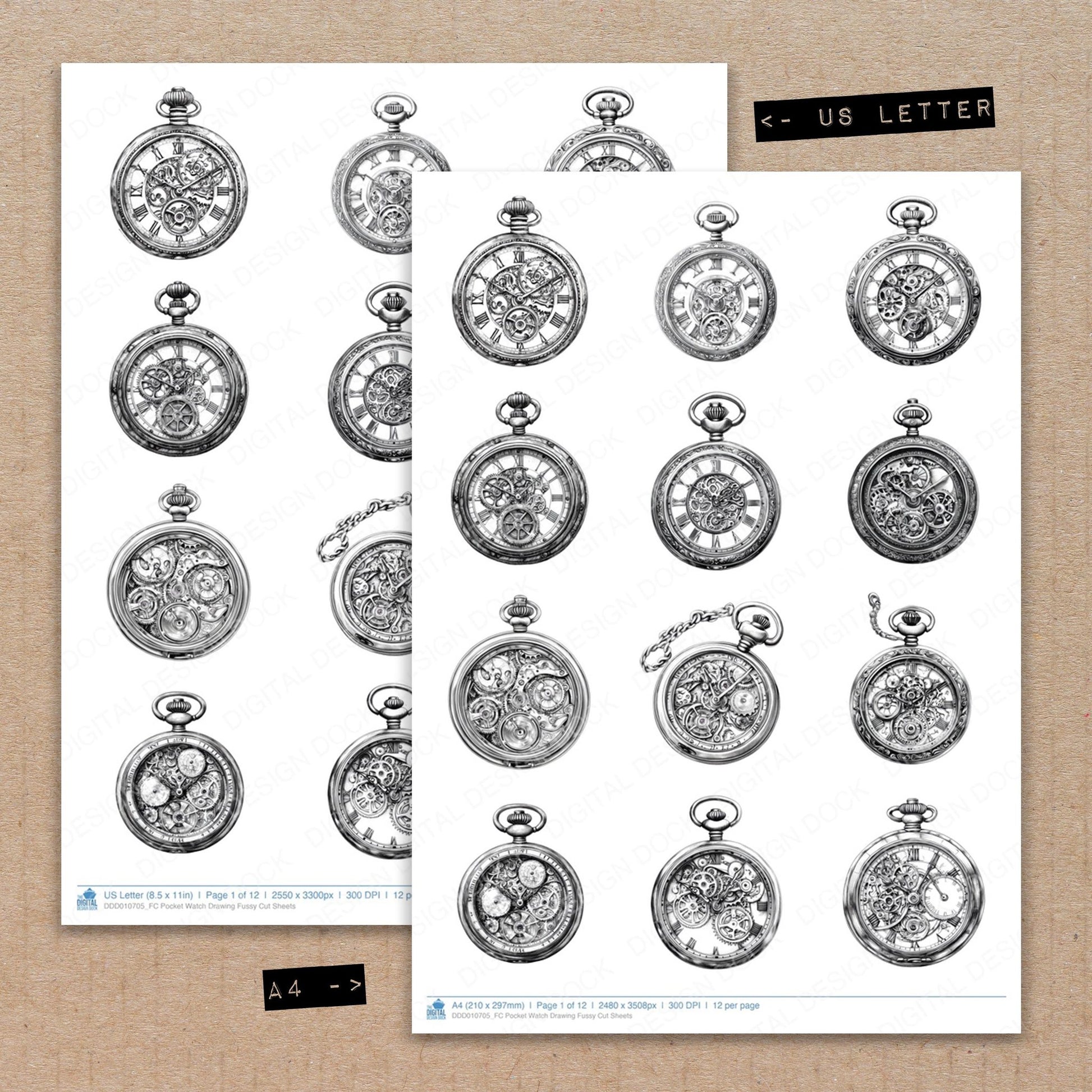 A4 and US Letter format comparison showing Pocket Watch Drawing fussy cut pages for print and cut crafting