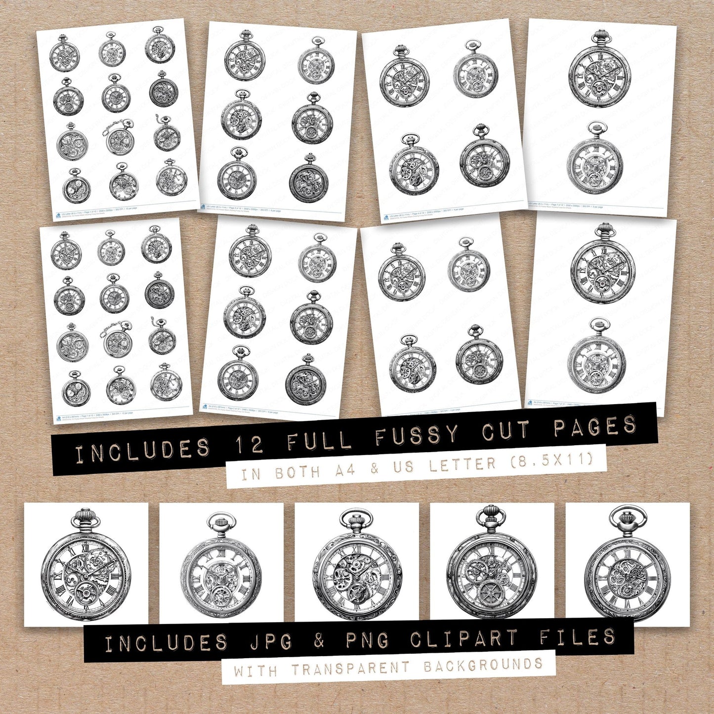 Full collection view of Pocket Watch Drawing fussy cut sheets with bonus clipart JPG and PNG files
