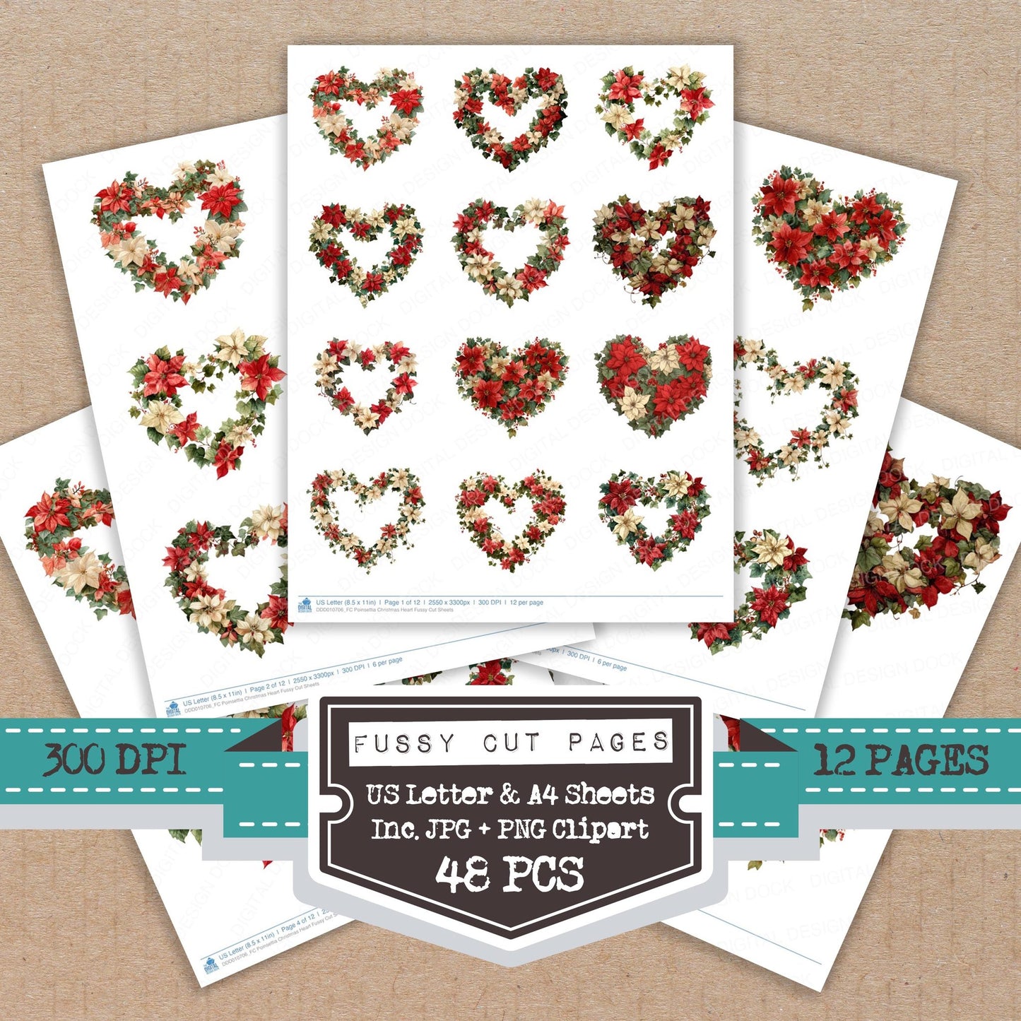 Poinsettia Christmas Heart fussy cut printable sheets for junk journaling, scrapbooking, and paper craft projects