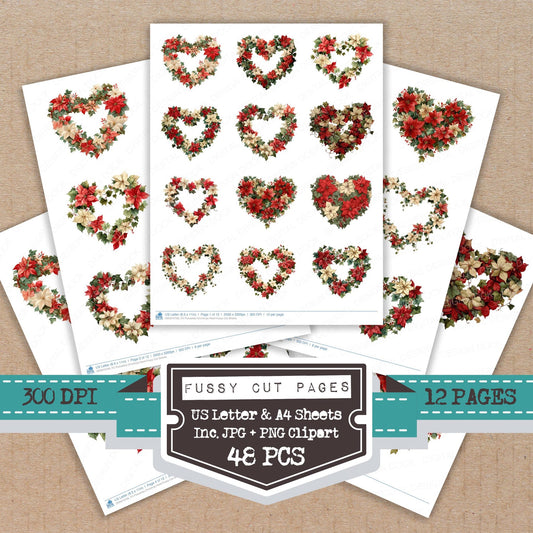 Poinsettia Christmas Heart fussy cut printable sheets for junk journaling, scrapbooking, and paper craft projects