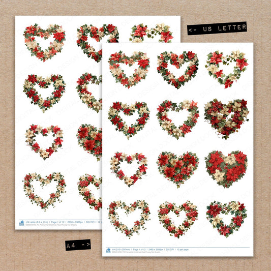 A4 and US Letter format comparison showing Poinsettia Christmas Heart fussy cut pages for print and cut crafting