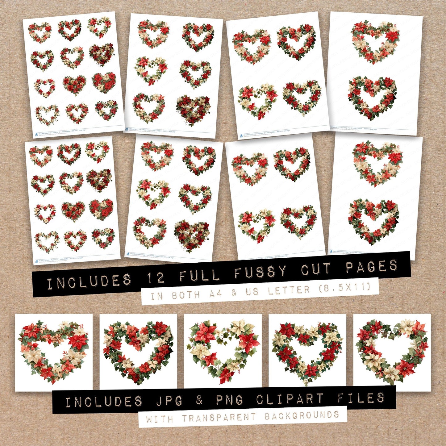 Full collection view of Poinsettia Christmas Heart fussy cut sheets with bonus clipart JPG and PNG files