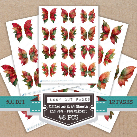 Poinsettia Fairy Wings fussy cut printable sheets for junk journaling, scrapbooking, and paper craft projects