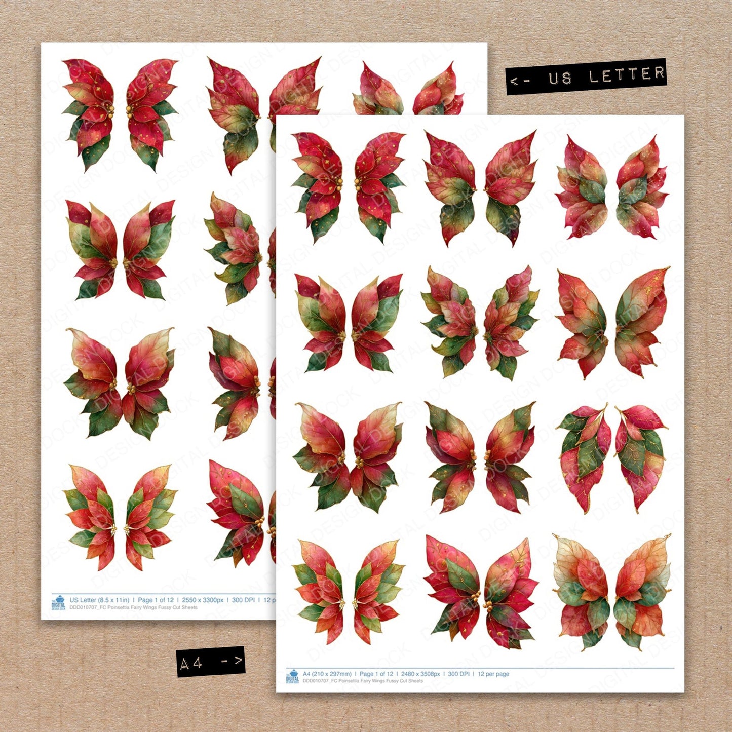 A4 and US Letter format comparison showing Poinsettia Fairy Wings fussy cut pages for print and cut crafting
