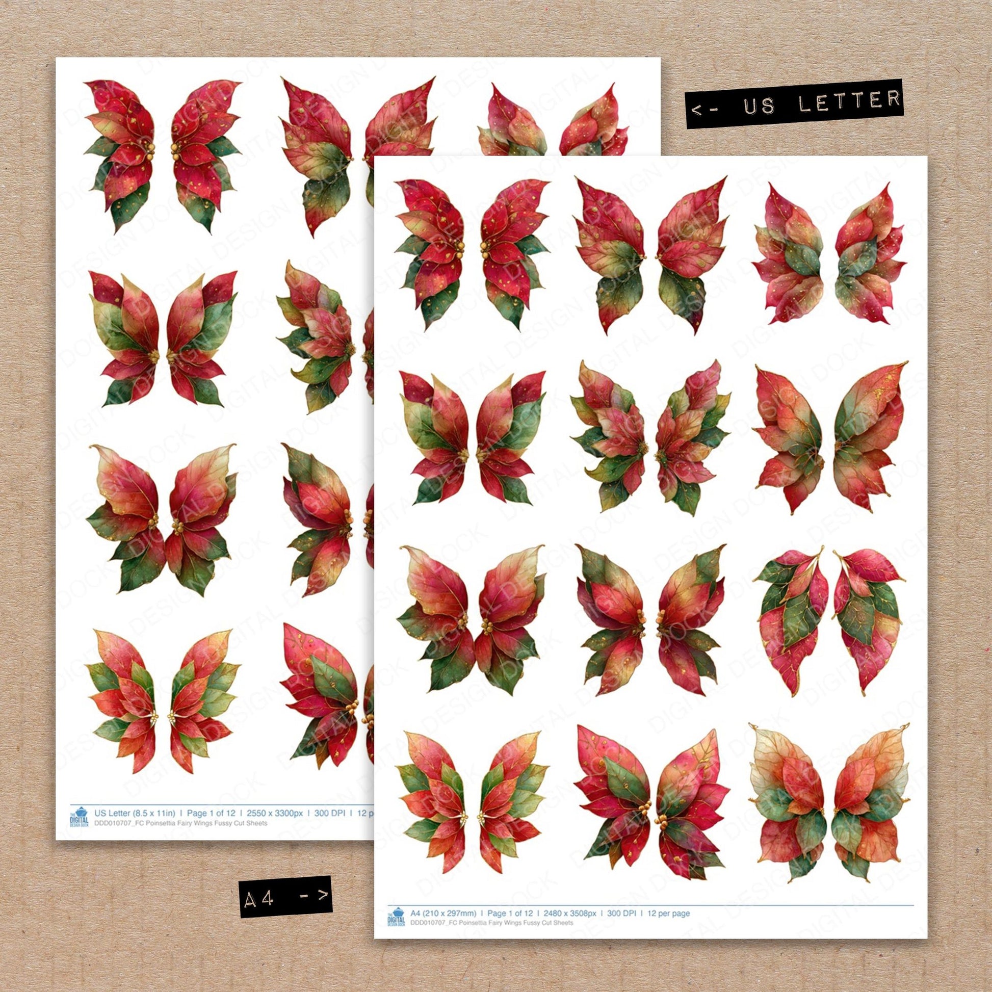 A4 and US Letter format comparison showing Poinsettia Fairy Wings fussy cut pages for print and cut crafting