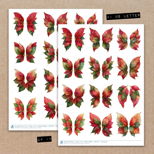 A4 and US Letter format comparison showing Poinsettia Fairy Wings fussy cut pages for print and cut crafting