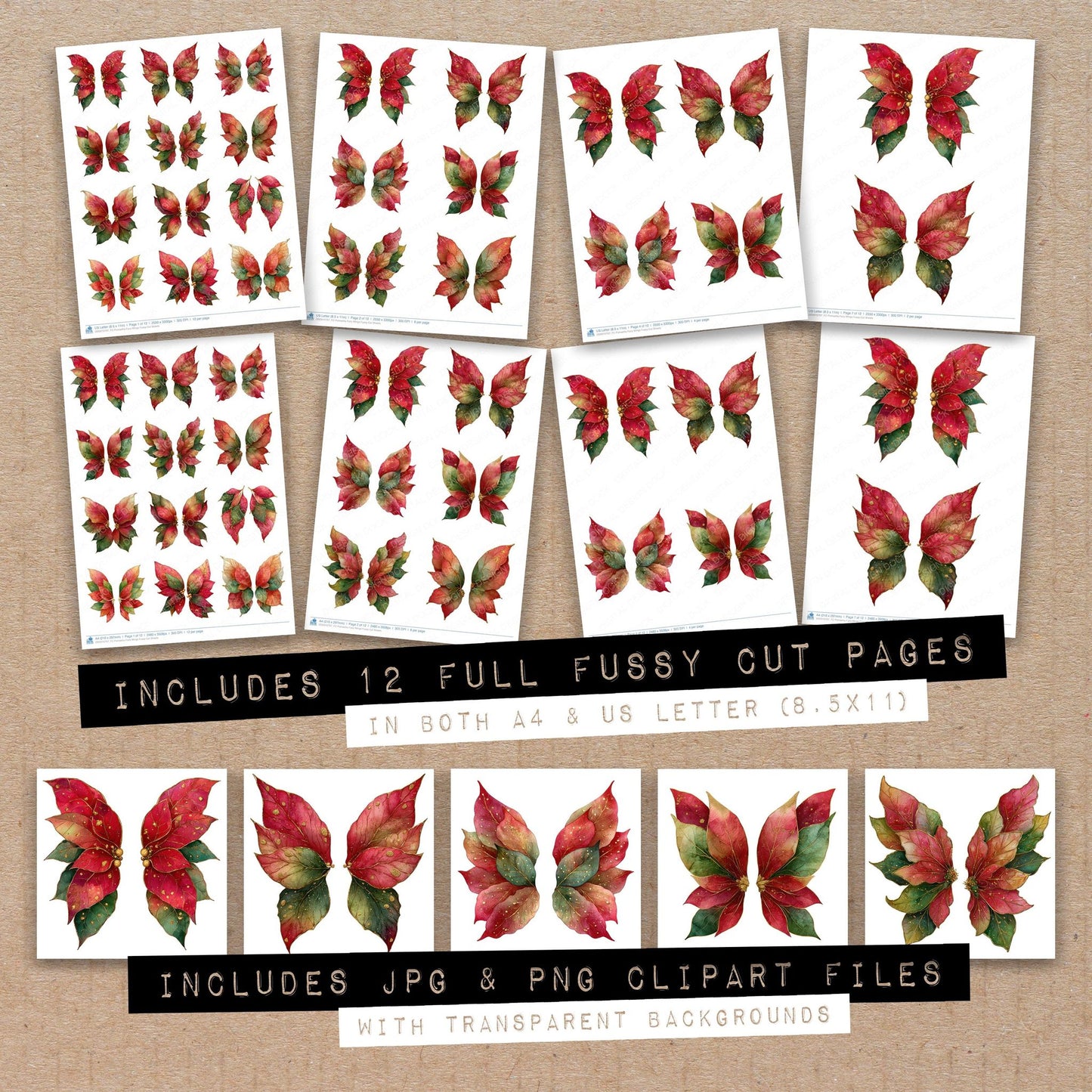 Full collection view of Poinsettia Fairy Wings fussy cut sheets with bonus clipart JPG and PNG files