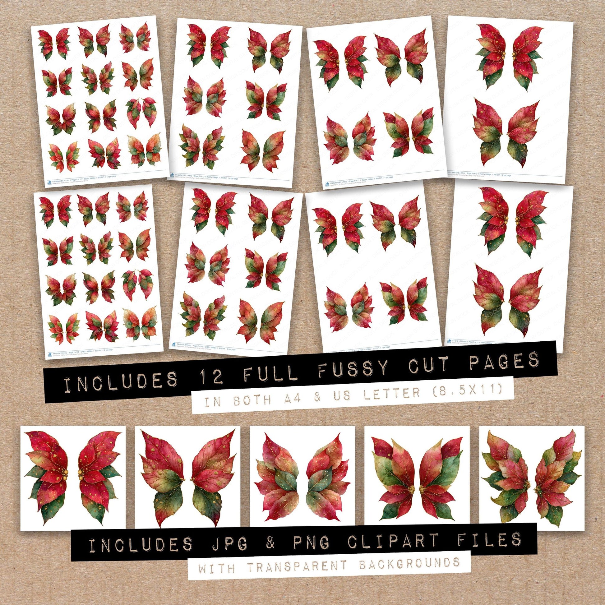 Full collection view of Poinsettia Fairy Wings fussy cut sheets with bonus clipart JPG and PNG files
