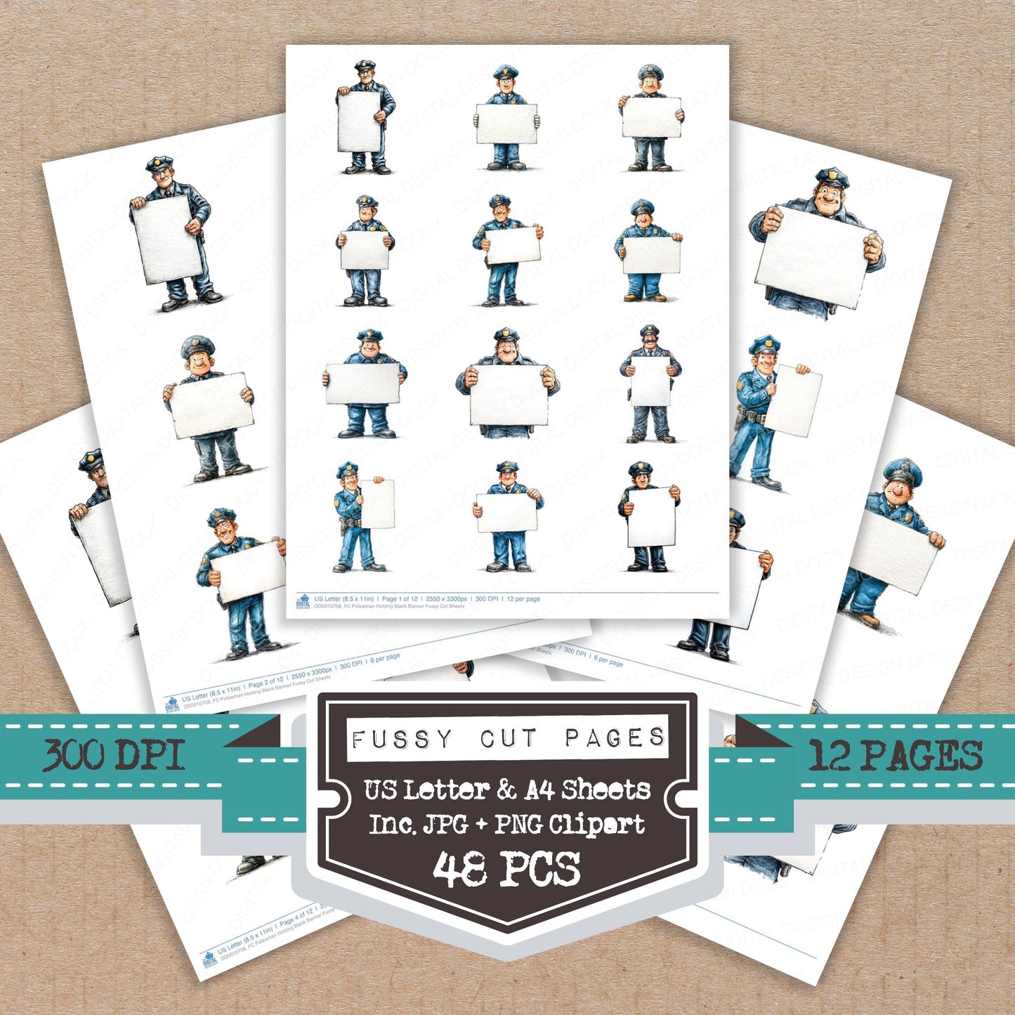 Policeman Holding Blank Banner fussy cut printable sheets for junk journaling, scrapbooking, and paper craft projects