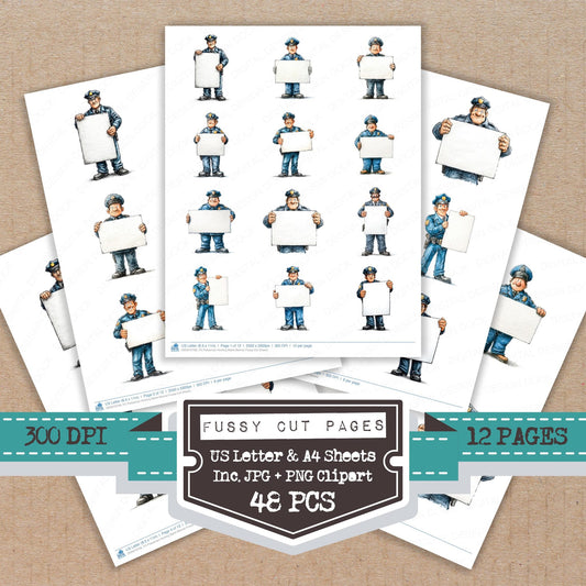Policeman Holding Blank Banner fussy cut printable sheets for junk journaling, scrapbooking, and paper craft projects