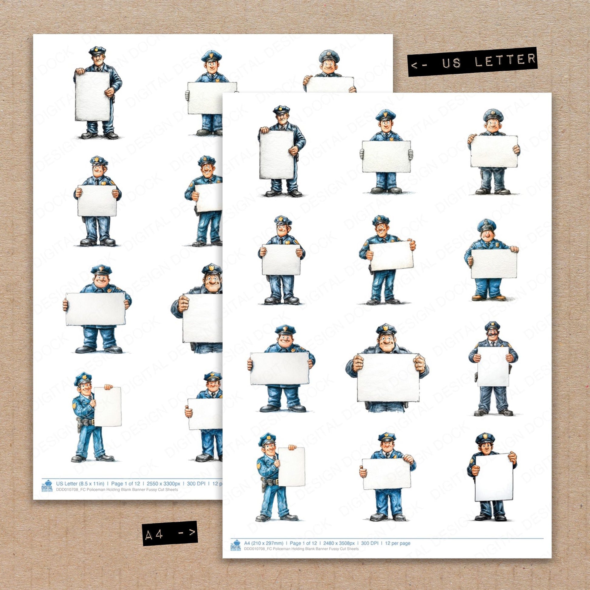 A4 and US Letter format comparison showing Policeman Holding Blank Banner fussy cut pages for print and cut crafting