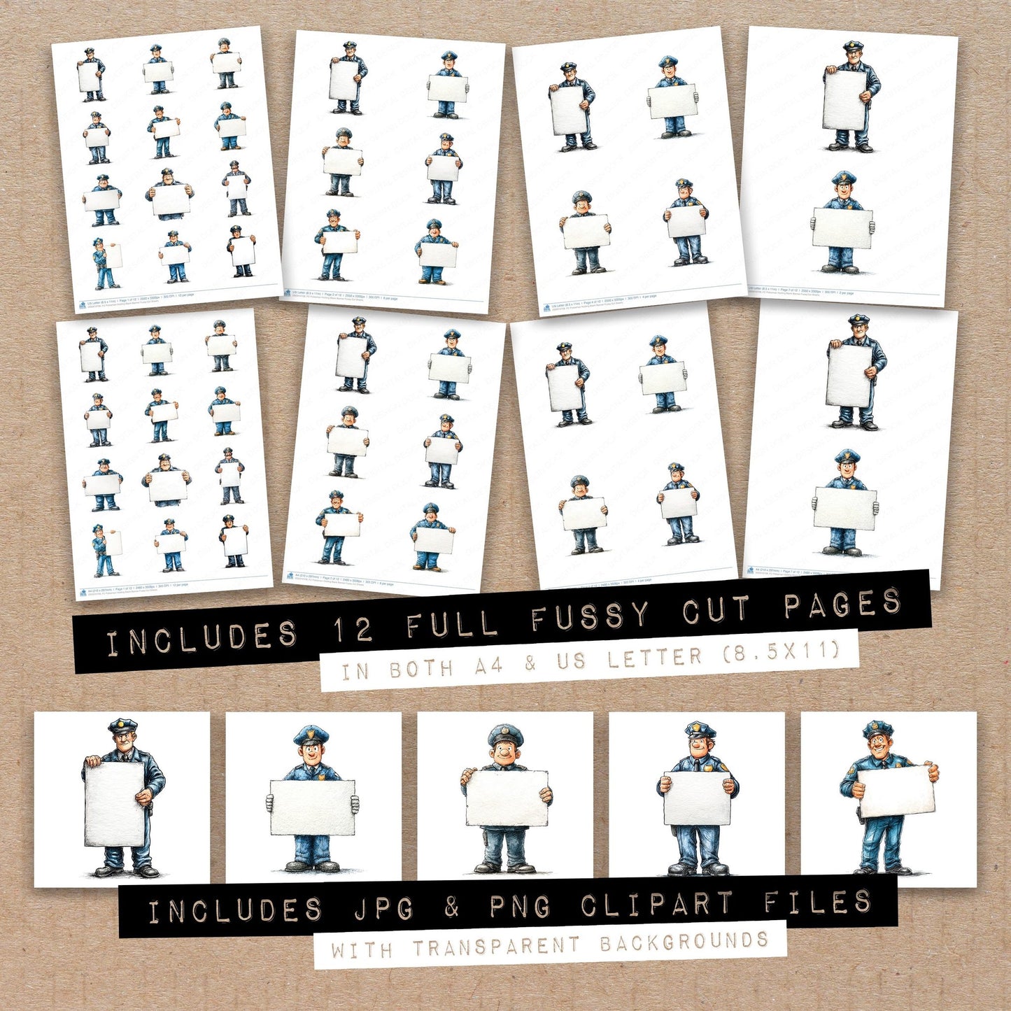 Full collection view of Policeman Holding Blank Banner fussy cut sheets with bonus clipart JPG and PNG files
