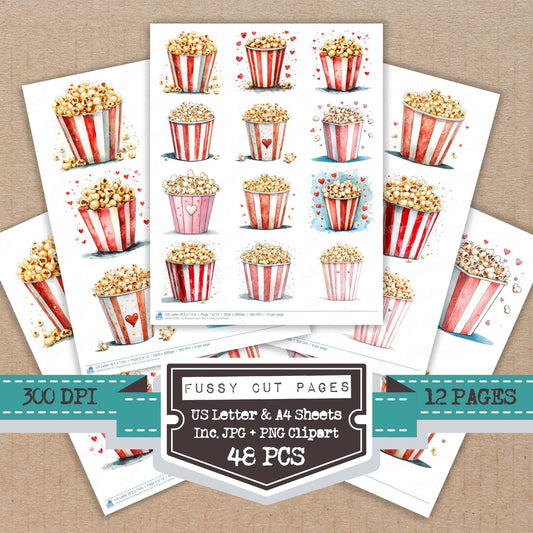Popcorn Love A fussy cut printable sheets for junk journaling, scrapbooking, and paper craft projects