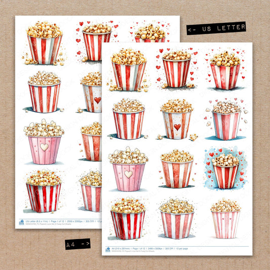 A4 and US Letter format comparison showing Popcorn Love A fussy cut pages for print and cut crafting
