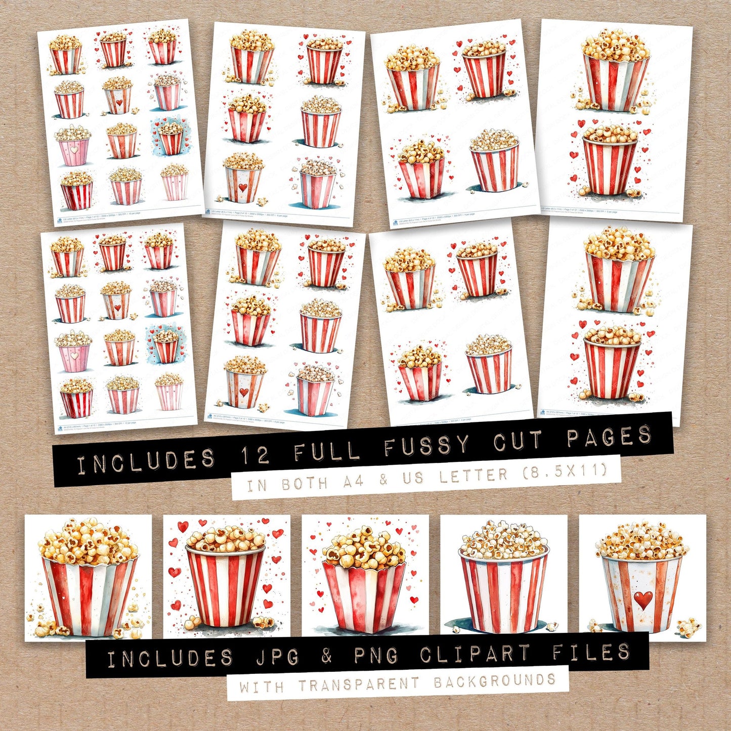 Full collection view of Popcorn Love A fussy cut sheets with bonus clipart JPG and PNG files