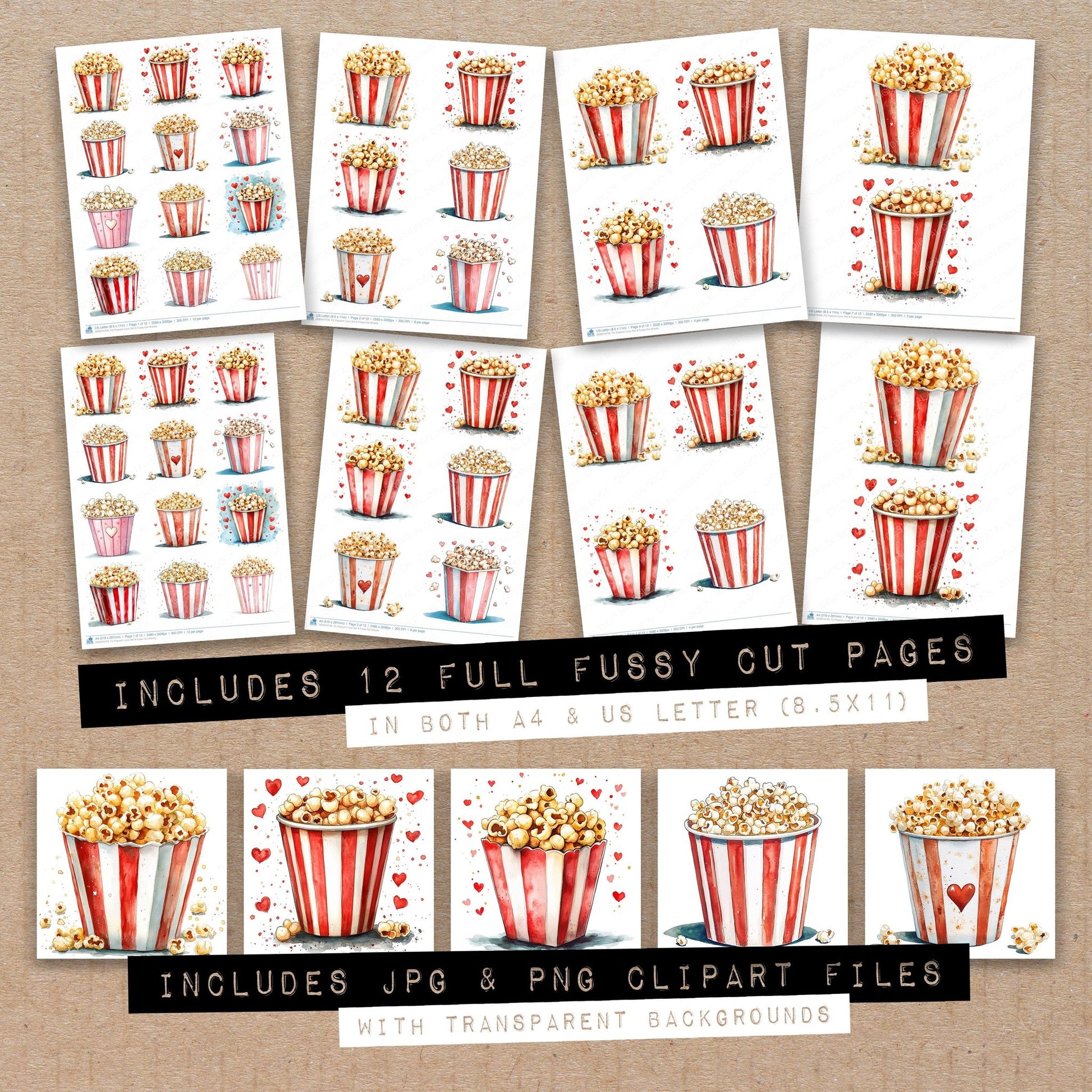 Full collection view of Popcorn Love A fussy cut sheets with bonus clipart JPG and PNG files