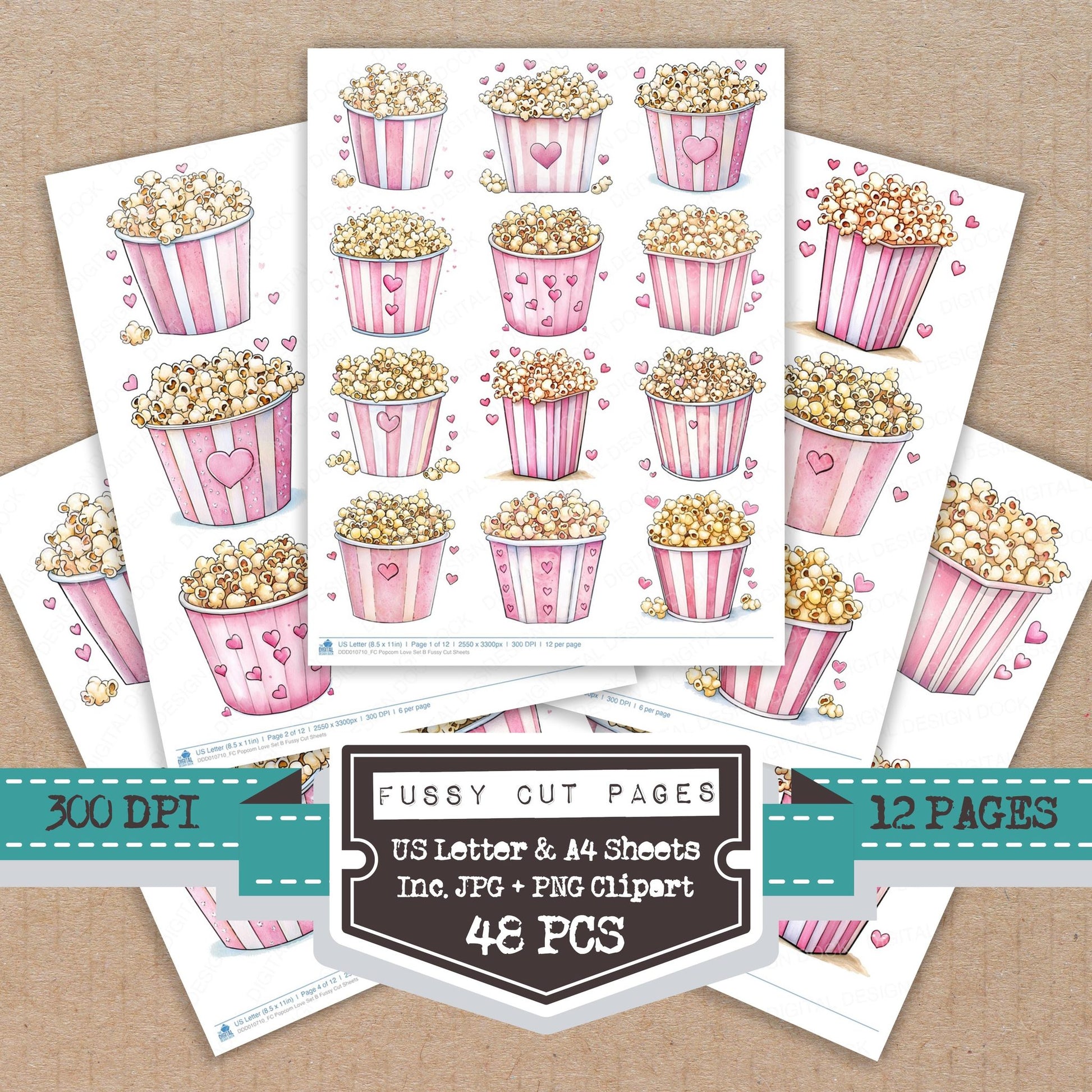 Popcorn Love B fussy cut printable sheets for junk journaling, scrapbooking, and paper craft projects