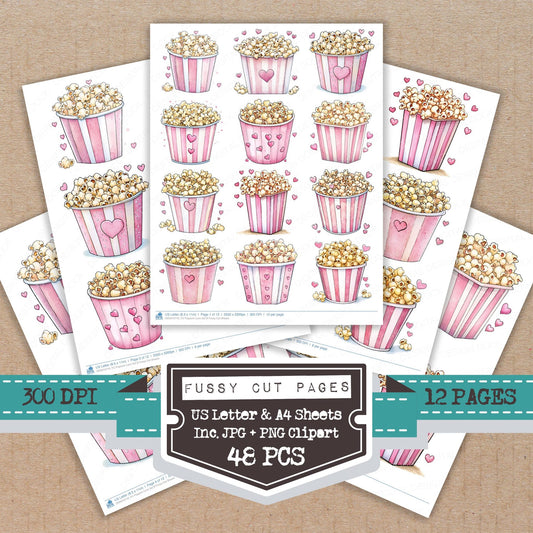 Popcorn Love B fussy cut printable sheets for junk journaling, scrapbooking, and paper craft projects