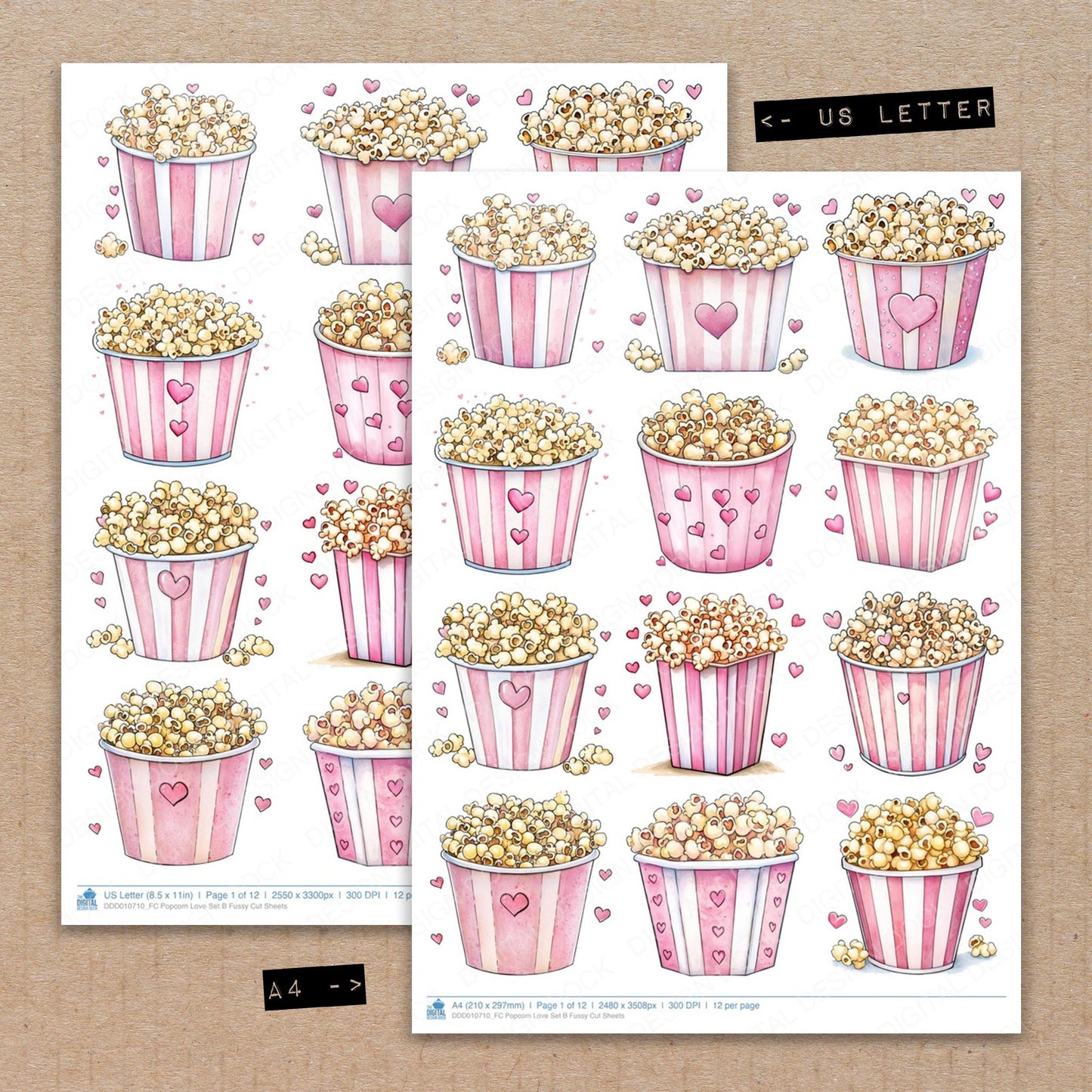 A4 and US Letter format comparison showing Popcorn Love B fussy cut pages for print and cut crafting