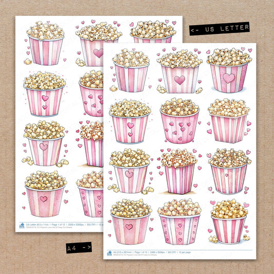 A4 and US Letter format comparison showing Popcorn Love B fussy cut pages for print and cut crafting