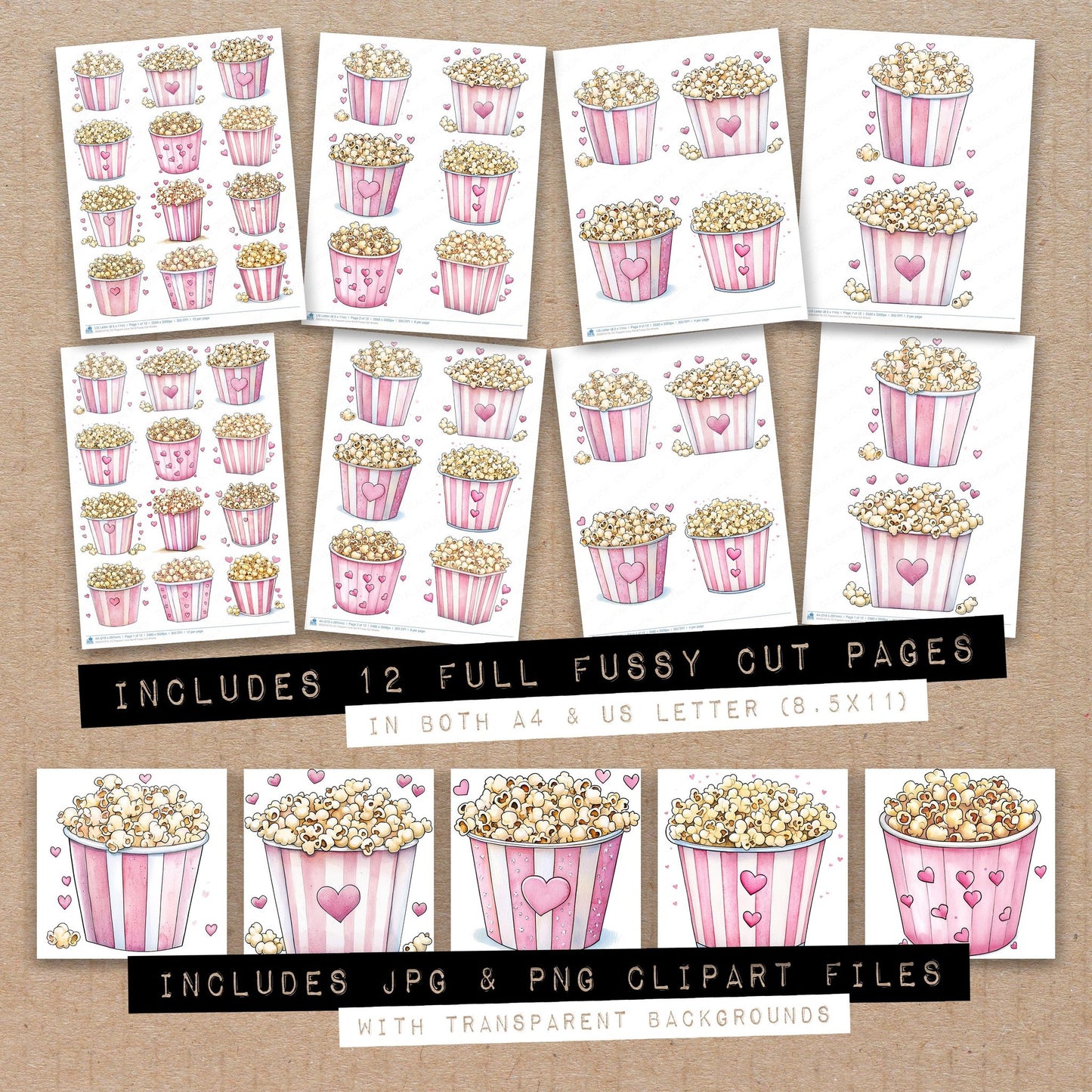 Full collection view of Popcorn Love B fussy cut sheets with bonus clipart JPG and PNG files
