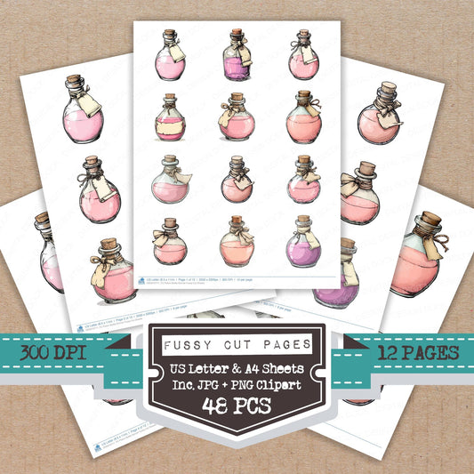 Potion Bottle Banner fussy cut printable sheets for junk journaling, scrapbooking, and paper craft projects