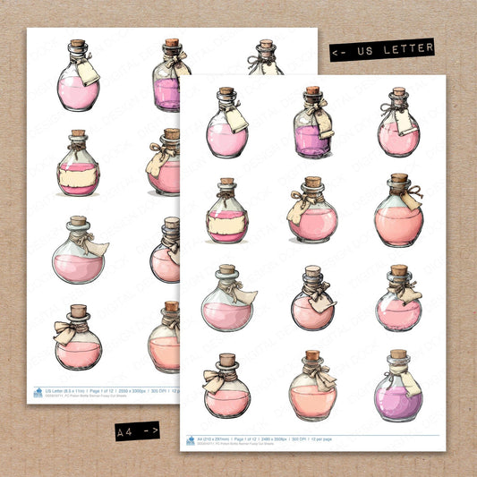 A4 and US Letter format comparison showing Potion Bottle Banner fussy cut pages for print and cut crafting