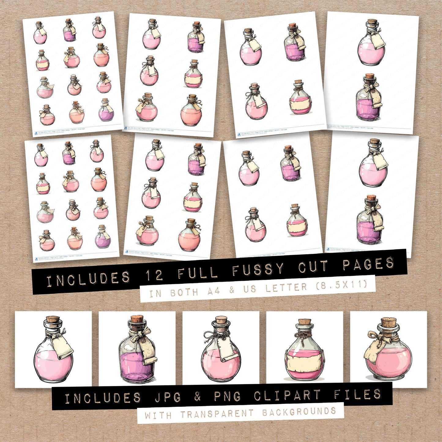Full collection view of Potion Bottle Banner fussy cut sheets with bonus clipart JPG and PNG files