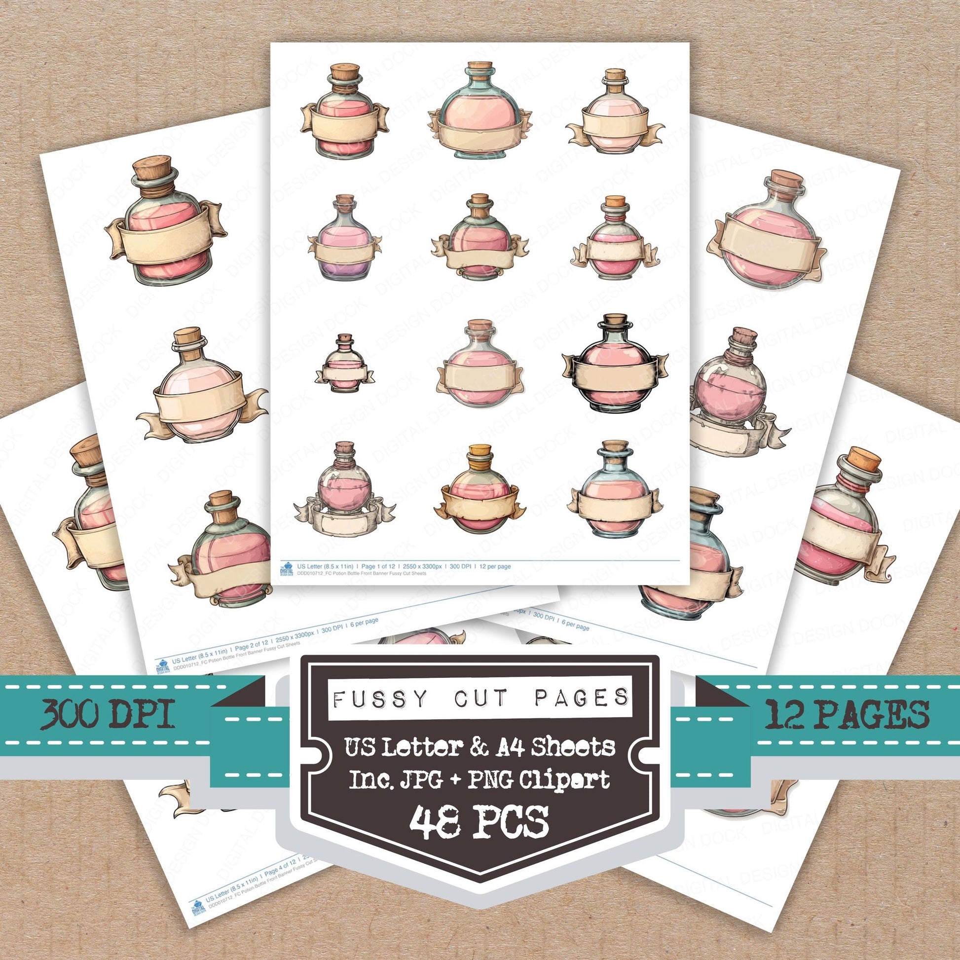 Potion Bottle Front Banner fussy cut printable sheets for junk journaling, scrapbooking, and paper craft projects