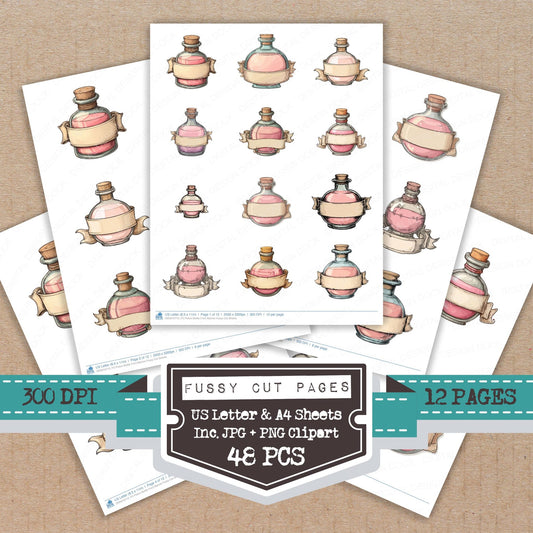 Potion Bottle Front Banner fussy cut printable sheets for junk journaling, scrapbooking, and paper craft projects