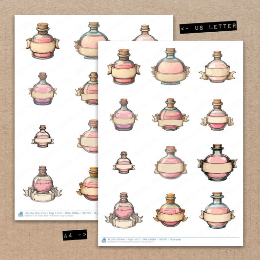 A4 and US Letter format comparison showing Potion Bottle Front Banner fussy cut pages for print and cut crafting