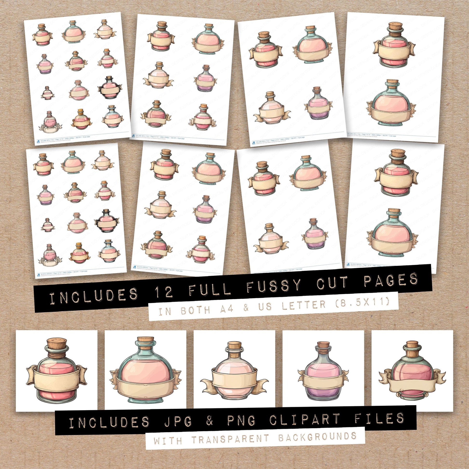 Full collection view of Potion Bottle Front Banner fussy cut sheets with bonus clipart JPG and PNG files