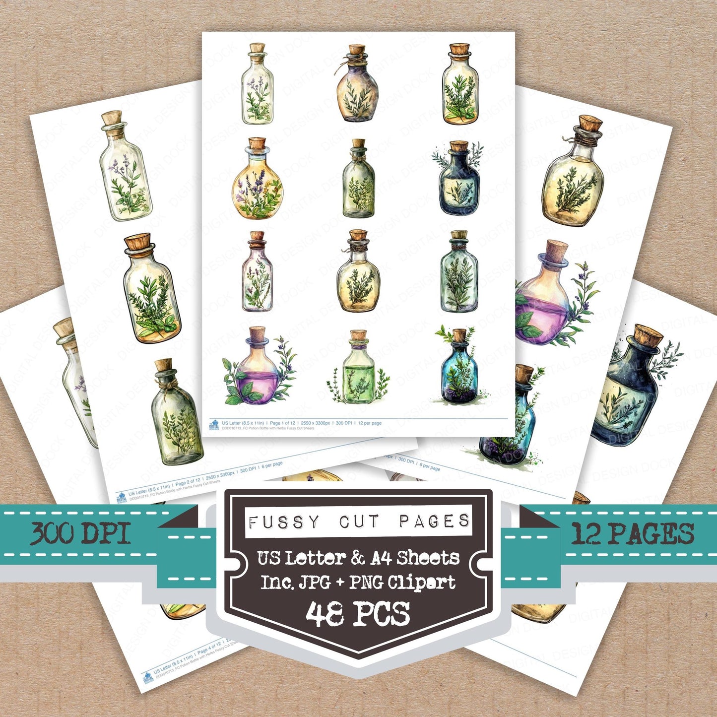 Potion Bottle with Herbs fussy cut printable sheets for junk journaling, scrapbooking, and paper craft projects