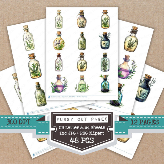 Potion Bottle with Herbs fussy cut printable sheets for junk journaling, scrapbooking, and paper craft projects