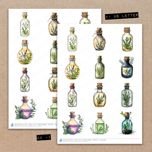 A4 and US Letter format comparison showing Potion Bottle with Herbs fussy cut pages for print and cut crafting