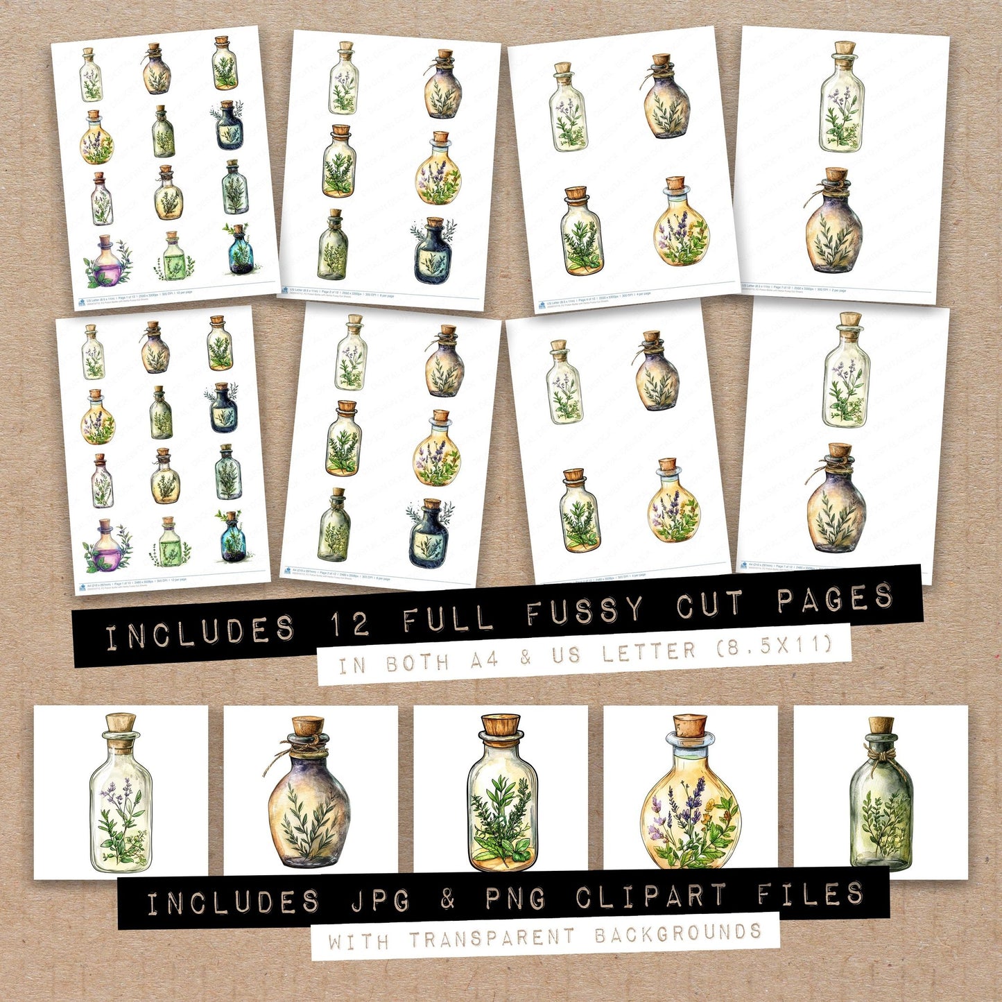 Full collection view of Potion Bottle with Herbs fussy cut sheets with bonus clipart JPG and PNG files