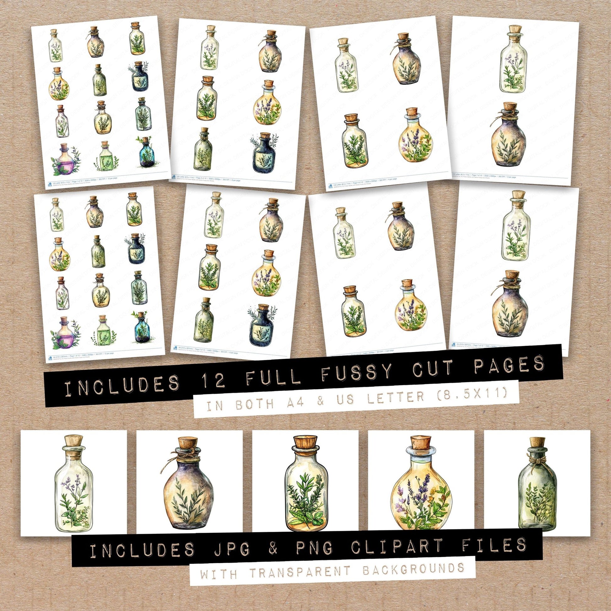Full collection view of Potion Bottle with Herbs fussy cut sheets with bonus clipart JPG and PNG files