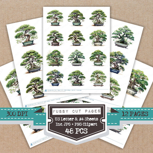 Potted Bonsai Tree fussy cut printable sheets for junk journaling, scrapbooking, and paper craft projects