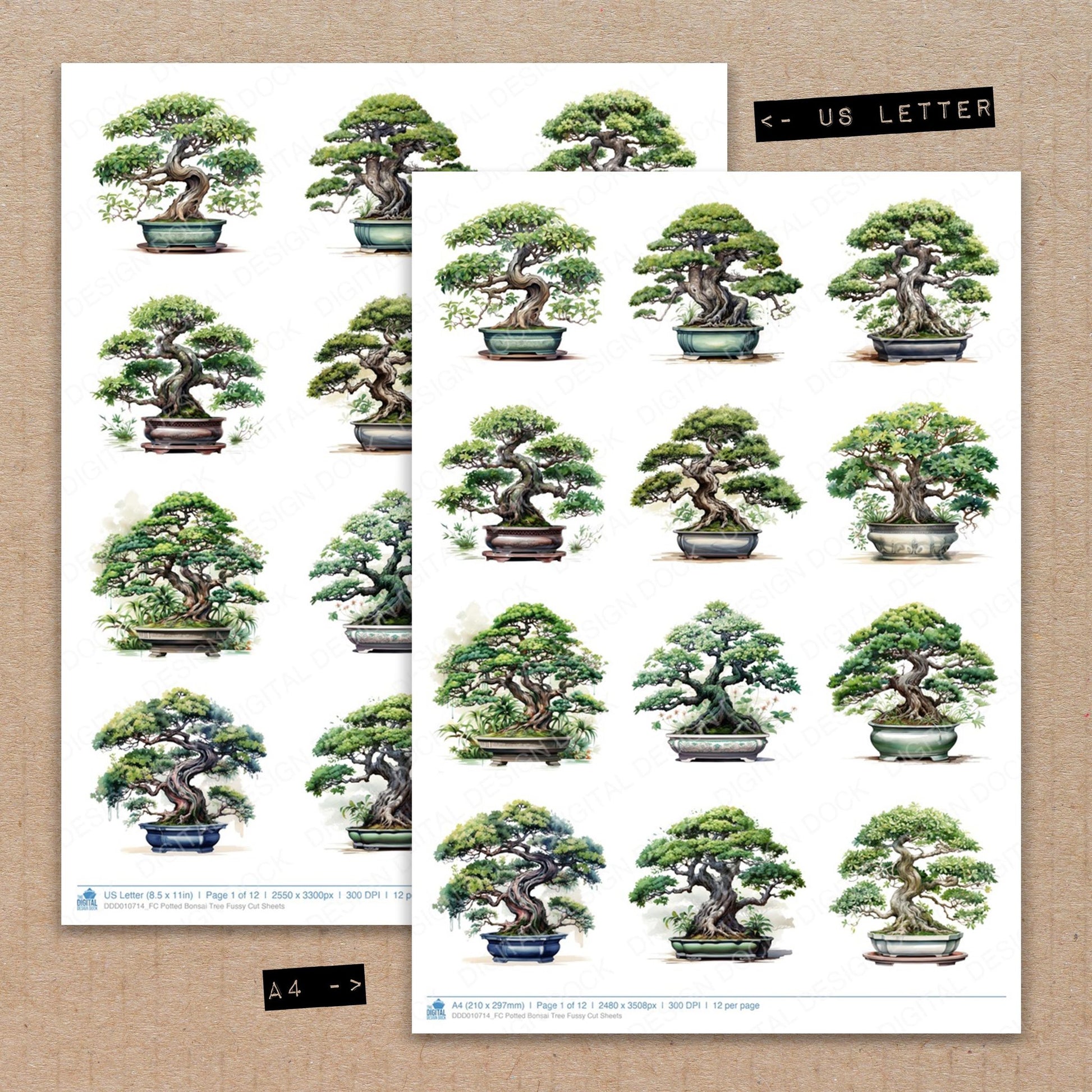 A4 and US Letter format comparison showing Potted Bonsai Tree fussy cut pages for print and cut crafting