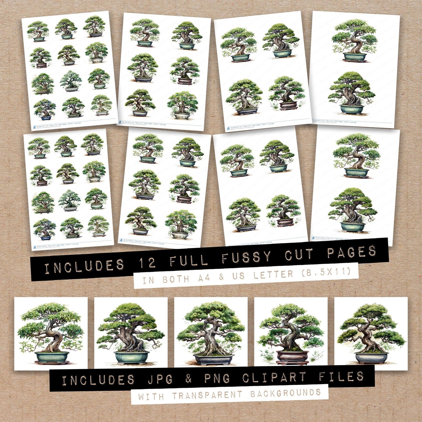Full collection view of Potted Bonsai Tree fussy cut sheets with bonus clipart JPG and PNG files