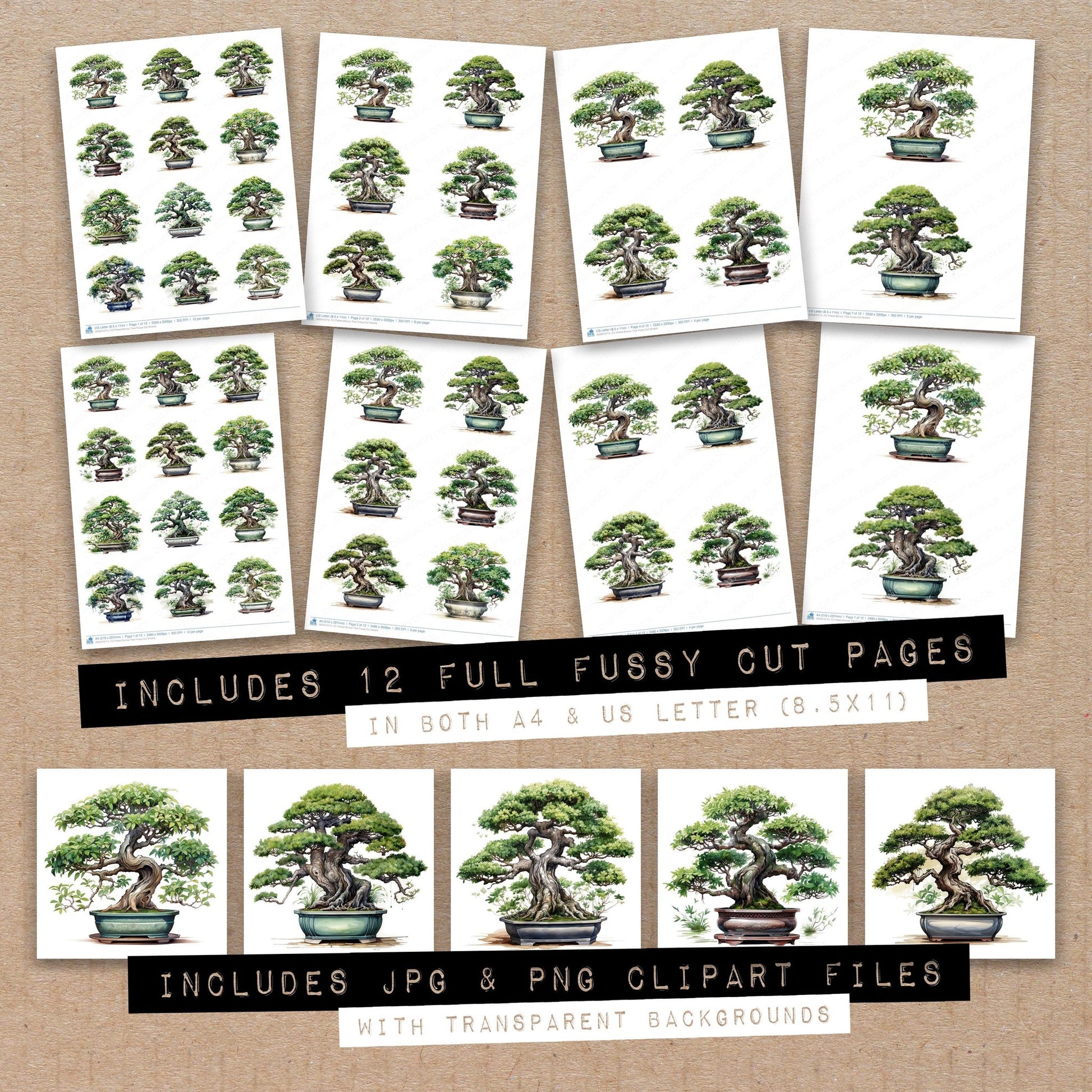 Full collection view of Potted Bonsai Tree fussy cut sheets with bonus clipart JPG and PNG files